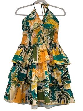 Fusionista NWT Tropical Floral Tiered Mini Dress Women’s Size XL Summer Boho